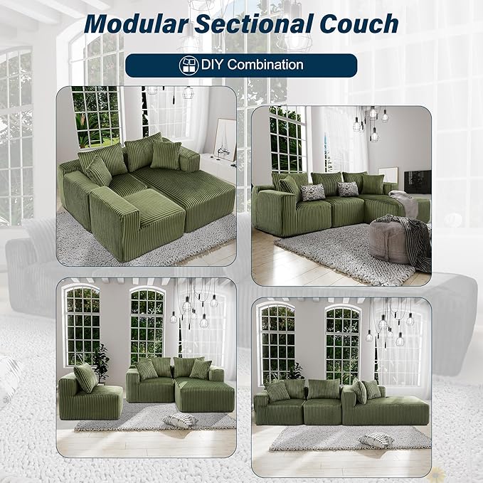 3 Seater L Shaped Sofa with Deep Seat, 101" Cloud Sectional Couch with Chaise, Cozy Modular Couches Sleeper, Oversized Corduroy Sofa for Living Room Bedroom Apartment, Green