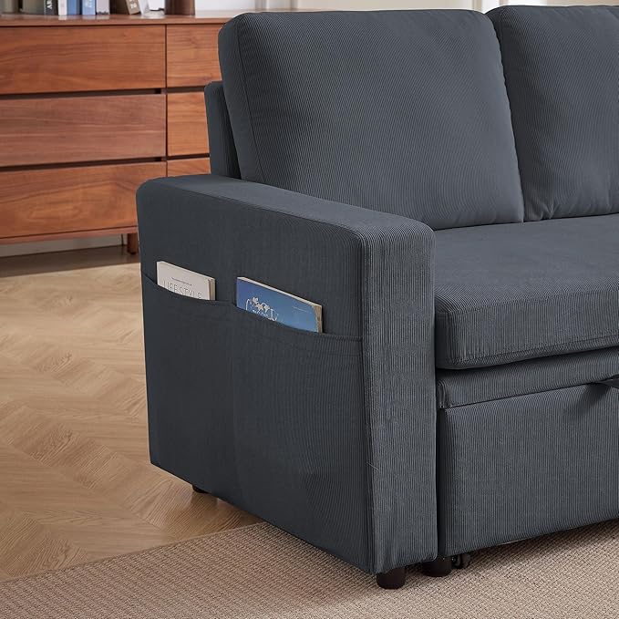 Sleeper Sofa Bed, Convertible L Shaped Sofa | Pull Out Bed with Reversible Storage Chaise | Layered Storage | Side Pockets | 3-Seater Comfy 79" Sectional Pullout Couch for Living Room, Dark Grey