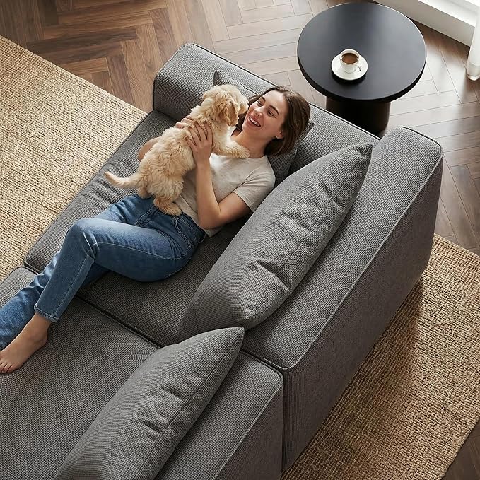 97”Modular Sectional Sofa, Cloud Sectional Couch with Deep Seat, Modern Modular L-Shape Sofa Couch, Upholstered Boneless Couches for Living Room Bedroom (Grey Check, Left Facing Chaise)