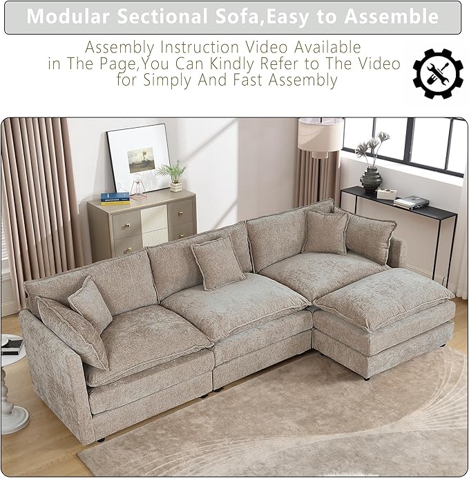 Setawix Deep 3 Seater Couch with Ottoman,112.2" L-Shaped Cloud Couches for Living Room,Chenille Cloud Sofa Couch with Deep Seat,Modular Sectional L Shape 3 Seat Sofa for Bedroom (Coffee, 3+1)