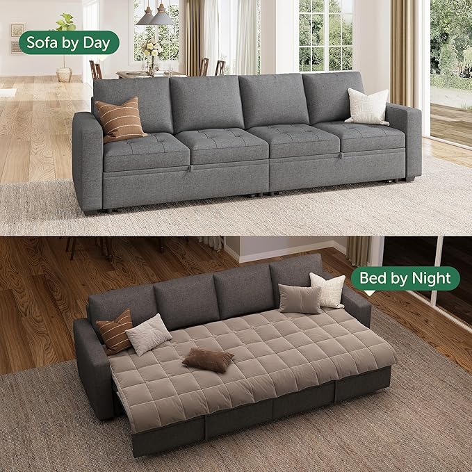 HONBAY Modular Sectional Sleeper Sofa with Pull Out Bed, Linen Convertible Sectional Couches for Living Room,Grey