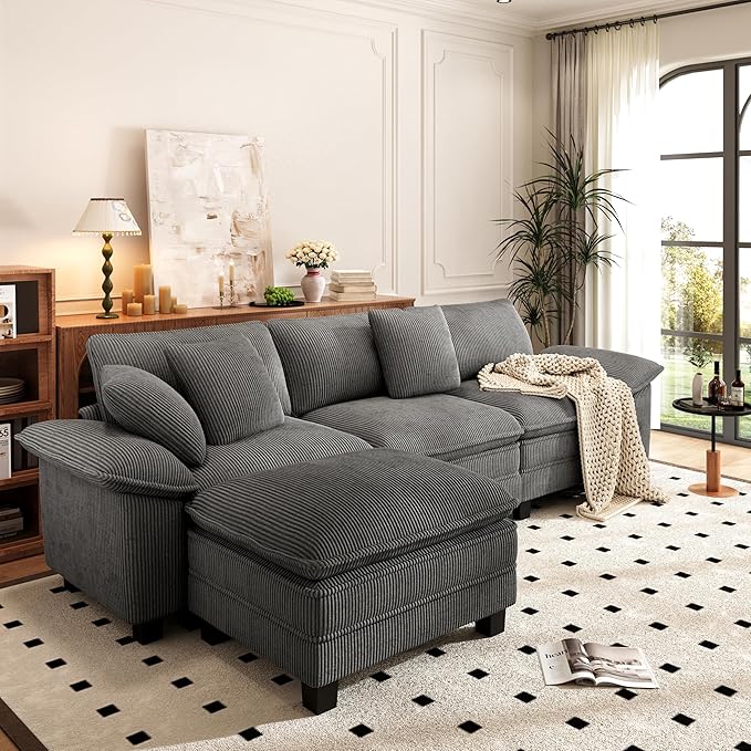 PHI VILLA Cloud Modular Couch Sets, 123.6" Sectional Sofa with L-Shaped Chaise, 4-Seater Upholstered Couches with MCorduroyovable Ottoman for Living Room, Corduroy Fabric, Grey