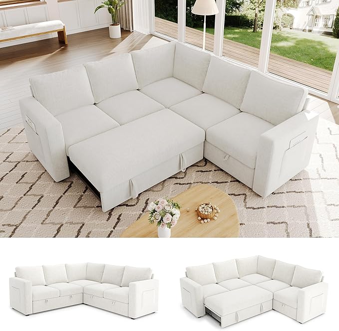 83.5" Sectional Sleeper Sofa with Pull Out Couch, Modern 5 Seat L Shaped Modular Couch, Sectionals Modular Sofa with Storage, Comfy Sectional Couches for Living Room & Apartment, Light Beige