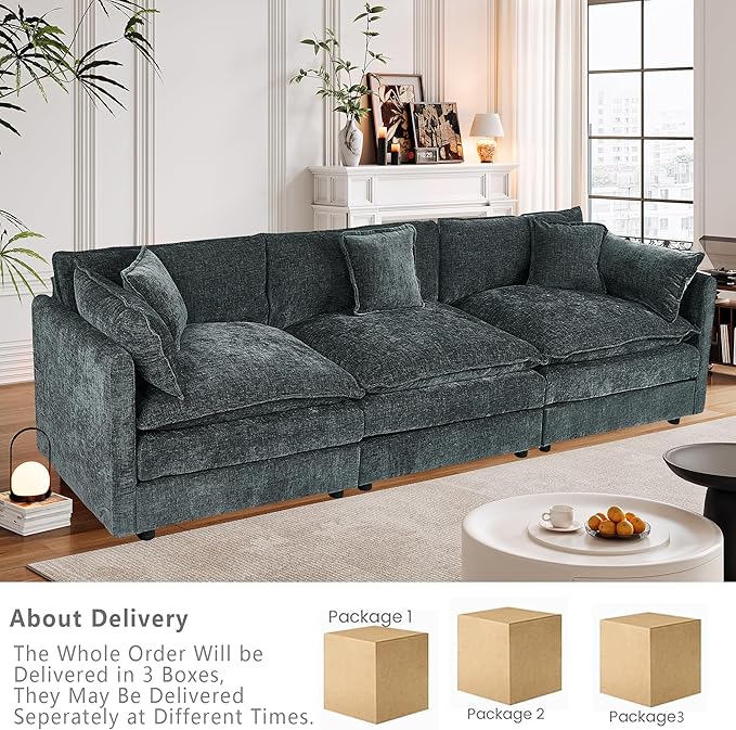 Setawix Chenille Cloud Couches for Living Room,3 Seater Cloud Sofa Couch with Deep Seat,112.2" Roomy Cloud Sofas,Modular Sectional 3 Seat Sofa with Pillows for Bedroom. (Grey, 3 Seater)