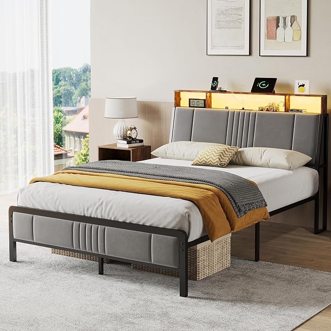 BedsPick Queen Bed Frame with Ergonomic Headboard, Upholstered Metal Platform Bed Queen Size with 2-Tier Storage, Charging Station, Smart LED Lights, Easy Assembly, No Box Spring Needed, Gray