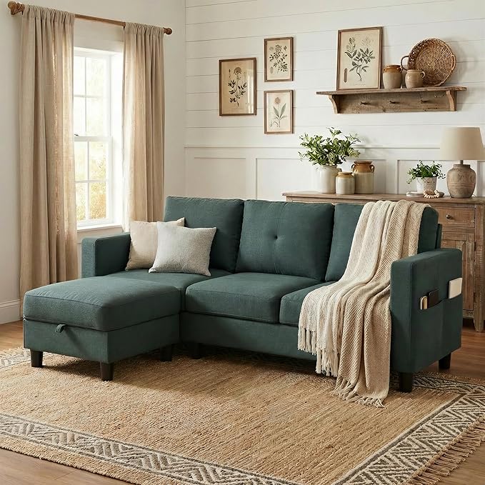 SUNLEI Convertible L-Shaped Sectional Couches for Living Room, Space-Saving 3-Seat Couch for Small Apartments & Living Rooms, Linen Fabric, Grey | L-Shaped
