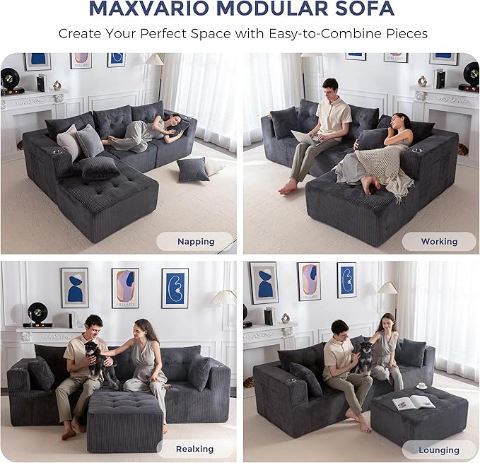 MAXYOYO Modular Sectional Sofa Couch and Chaise Lounge, L Shaped Modern Cloud Couch with Ottoman, Sofa in A Box, Tufted Boneless Sleeper Chair for Living Room, No Assembly Required, Grey