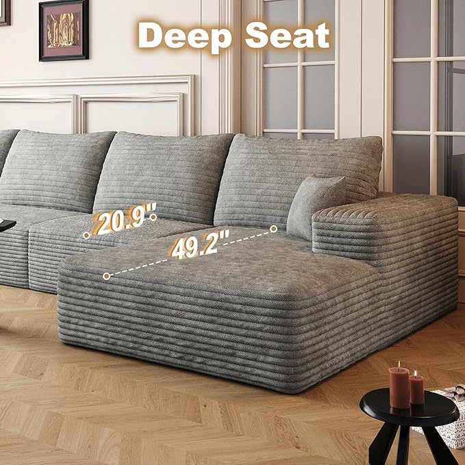 136" Sectional Couches for Living Room Cloud Couch Sofa with L-Shape Upholstered Boneless Couchs Modern Modular Sectional Couch with Chaise (Grey, 136" Right Facing Chaise+3Seaters)