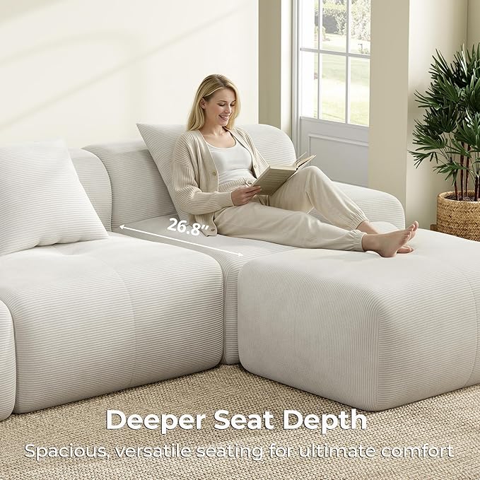 LIKIMIO LumiCord Modular Sectional Sofa with Ottoman, 118" L-Shaped Boneless Couch for Living Room, Oversized Deep Seat with Corduroy Upholstery, No Assembly Required, Beige