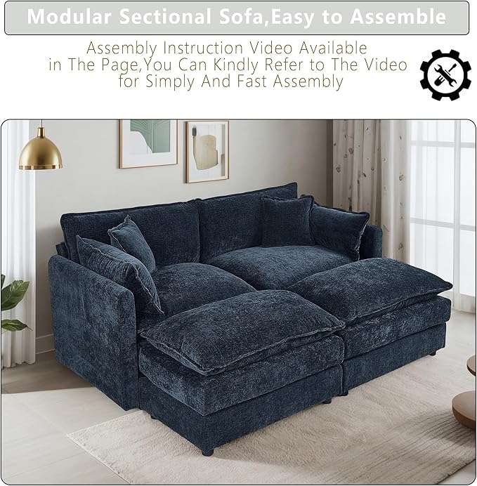 Setawix Deep Loveseat Couch with Ottomans,Large 2 Seater Lounger Cloud Couches for Living Room,77.16" Chenille Cloud Sofas with Deep Seat,Modular Sectional Sleeper Sofa for Bedroom (Blue, 2+2)