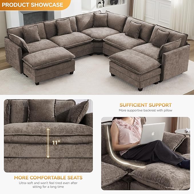 113'' V Shaped Cloud Sectional Sofa, Oversized Deep Seat Couches for Living Room, Chenille Comfy Upholstered Modular Sectional Sofa Couch with 2 Movable Ottoman, Brown