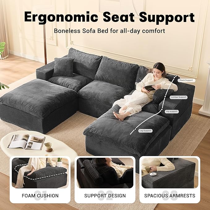 106.3” Sectional Couches for Living Room, Set of Cloud Couch, Modular Sectional Sofa, Convertible Sofas Bed, Deep Seat Sofa, U Shaped Cozy Sofa Furniture Set, Corduroy, Gray