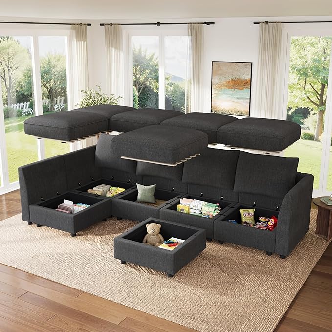 HONBAY Modular Sectional Couch L Shaped Sectional Sofa with Storage, Convertible Couches for Living Room - Snowflake Velvet Grey