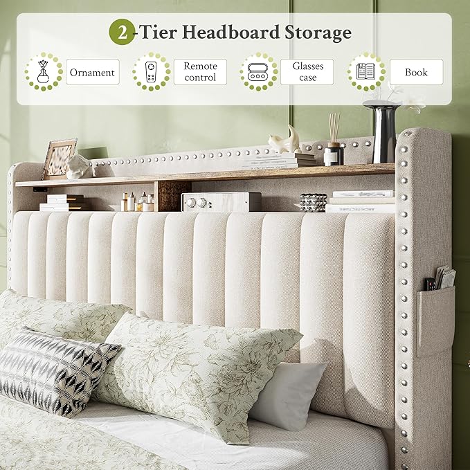 EnHomee Queen Size Bed Frame, Upholstered Queen Bed Frame with 2 Storage Drawers and 2-Tier Headboard, Vertical Tufted Headboard Design, Extra Storage Space for Bedroom Apartment, Beige