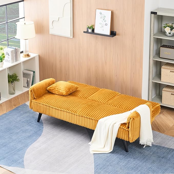 72" Convertible Sofa Bed with Foldable Cup Holder,Straight-line Corduroy Sofa,Suitable for Living Room,Bedroom,Orange
