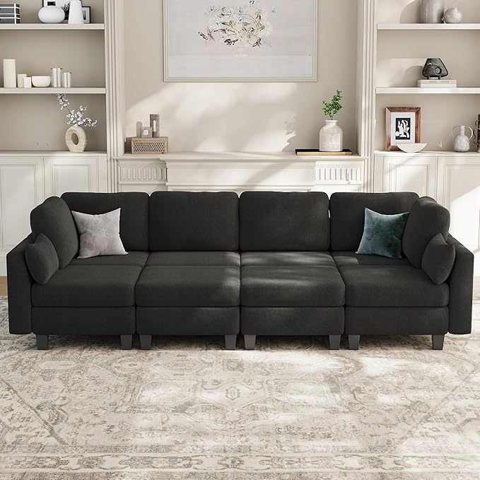 Sectional Sleeper Sofa, 8 Seaters Modular Sleeper Sofa Couch, Comfy Sectionals Couches Bed, Convertible Sofas with Ottomans, Modular Sectional Couches for Living Room, Dark Grey