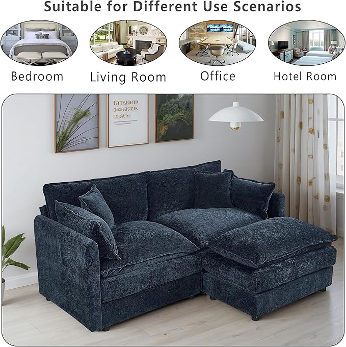 Setawix Deep Loveseat Couch with Ottoman,Large L-Shaped 2 Seater Cloud Couches for Living Room,77.16" Chenille Cloud Sofas with Deep Seat,Modular Sectional 2 Seat Sofa for Bedroom (Blue, 2+1)