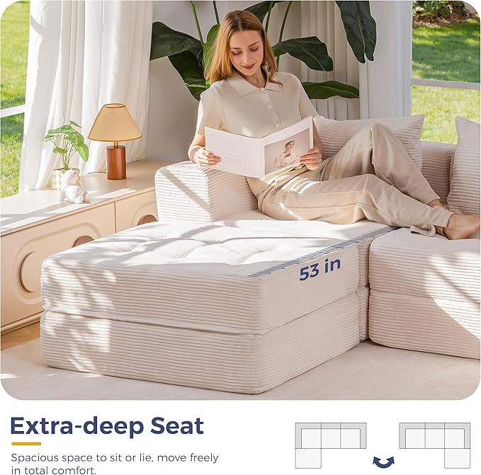 MAXYOYO Modular Sectional Sofa Couch, Foldable L-Shaped Folding Sofa Bed with Ottoman, Convertible Sectional Couch Corded Tufted Floor Sofa Lounger with Pillows for Living Room, No Assembly, Beige