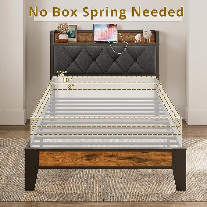 ANCTOR Twin XL Bed Frames, Storage Headboard with Outlets, Easy to Install, Sturdy and Stable, No Noise, No Box Springs Needed - Perfect for a Good Night's Sleep