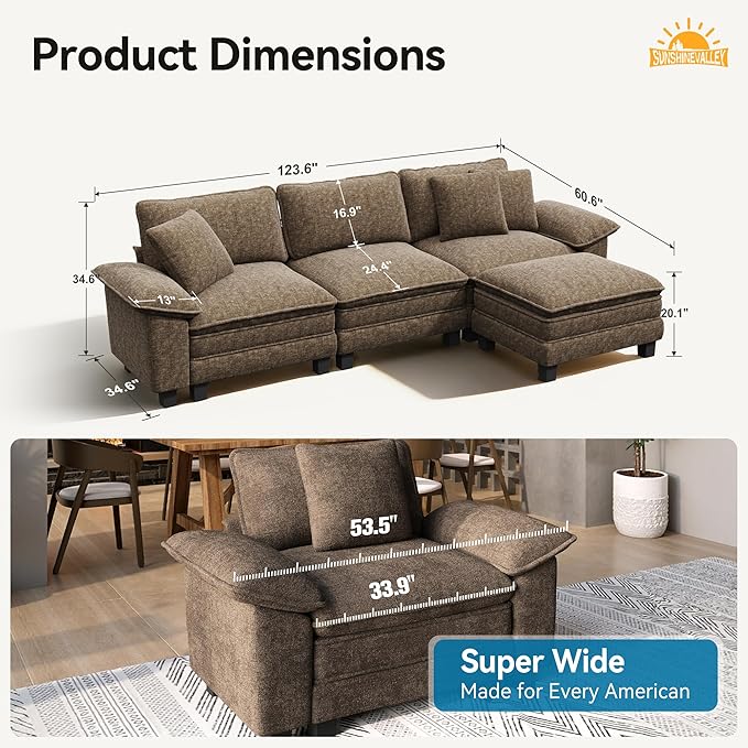 L Shaped Modular Cloud Couch, 123.6'' Comfy Chenille Sectional Sofa with Wider Armrest and Ottoman, Upholstered 4-Seat Modern Deep Seat for Bedroom Living Room, Taupe