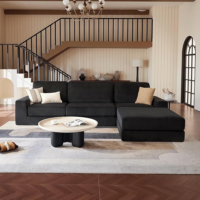 Modular Sectional Sofa, 120.47" Modern Cloud Couch Sectional Sofa with L-Shaped Chaise Comfy Corduroy Fluffy Couch with Deep Seat Boneless Couches for Living Room Bedroom,Black