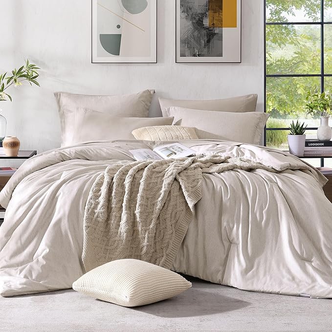 Monbix Full Size Comforter Set, Oatmeal Bedding Comforter for Full Size Bed Set Reversible, Bedding Sets Full 7 Pieces, Cationic Dyeing Bed in a Bag with Comforter, Sheets, Pillowcases & Shams