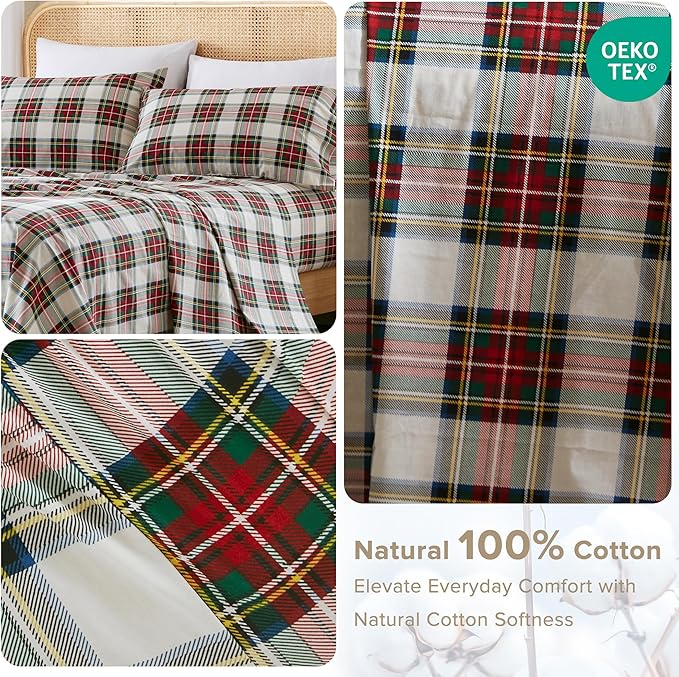 Comfort Spaces 100% Cotton Sheets Twin, Breathable, Naturally Cool Cotton Sheets, Cotton Bed Sheets with 12" Elastic Pocket Fits up to 14" Mattress, All Seasons Sheet Set, Scottish Plaid Red 3 Piece