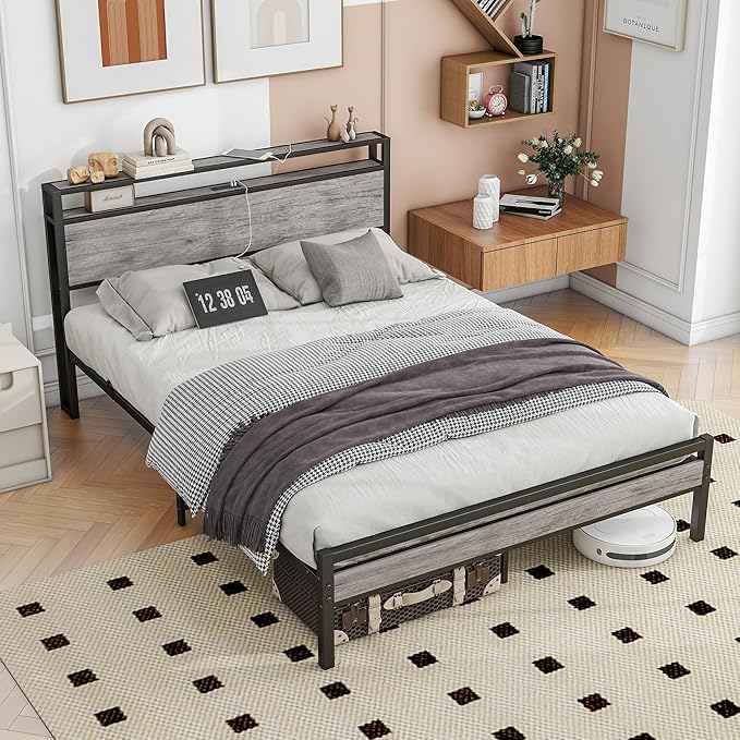 BOFENG Queen Bed Frame with Wood Headboard Storage,Heavy Duty Metal Platform Bed Frame Queen Size with Charging Station,Reinforced Steel Slats Support,No Box Spring Needed,Noise Free,Greige