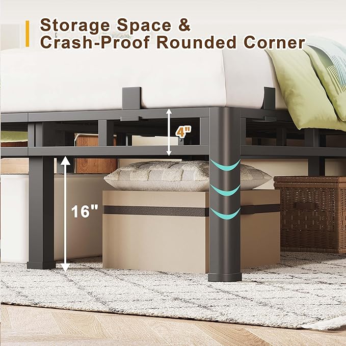 ROIL 20 Inch Cal King Bed Frame, Metal Bed Frame & Box Spring 2 in 1 Platform with Round Corner Legs, 4000LBS Double Layer Bed Frame with Headboard Holes Mattress Baffles, Noise-Free Easy Assembly