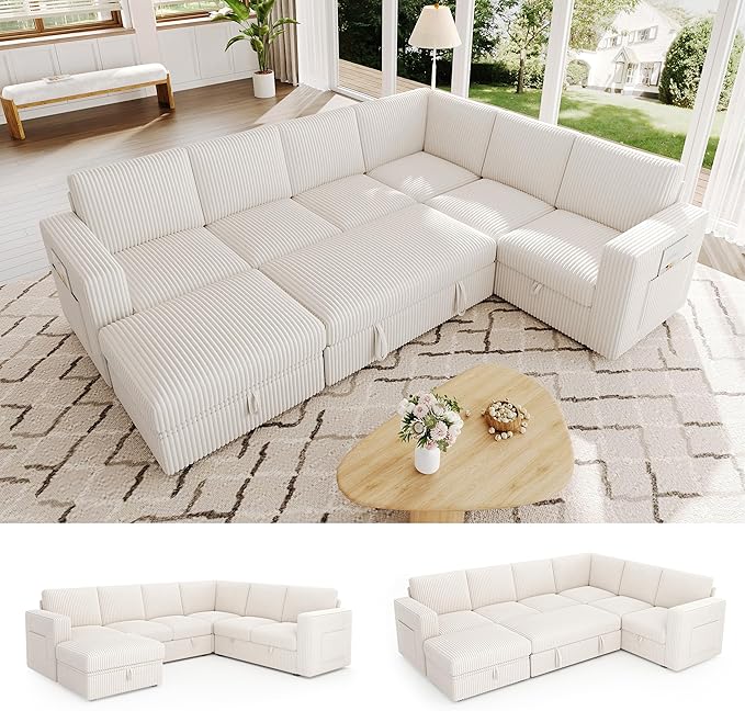 106.7" Sectional Sleeper Sofa with Pull Out Couch, Modern 7 Seat U Shaped Modular Couch, Sectionals Modular Sofa with Storage, Comfy Corduroy Couches Sectional for Living Room & Apartment, Beige
