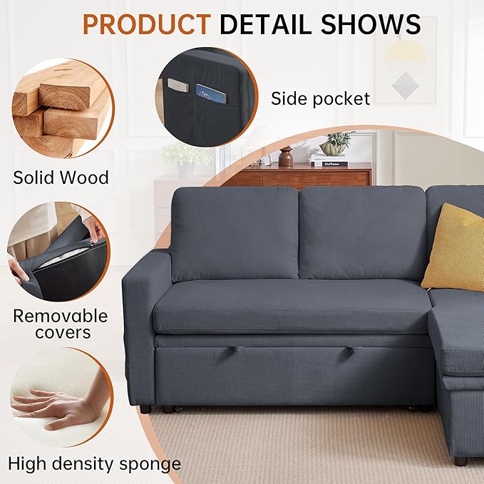 Sleeper Sofa Bed, Convertible L Shaped Sofa | Pull Out Bed with Reversible Storage Chaise | Layered Storage | Side Pockets | 3-Seater Comfy 79" Sectional Pullout Couch for Living Room, Dark Grey