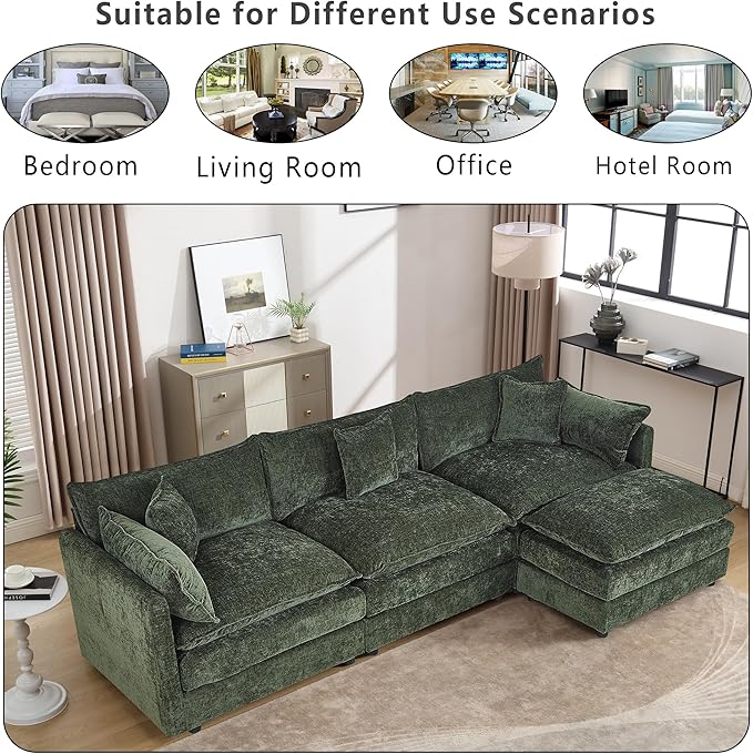 Setawix Deep 3 Seater Couch with Ottoman,112.2" L-Shaped Cloud Couches for Living Room,Chenille Cloud Sofa Couch with Deep Seat,Modular Sectional L Shape 3 Seat Sofa for Bedroom (Green, 3+1)