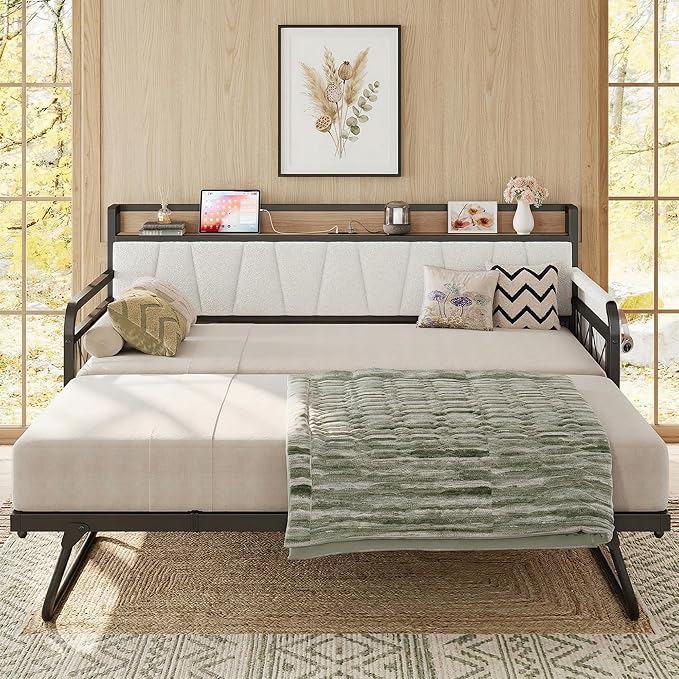 LIKIMIO Daybed with Trundle Bed, Twin Bed Frame with Storage Boucle Headboard and Charging Station, Sofa Day Bed with Strong Supports for Living Room, Bedroom, and Guest Room, Cream