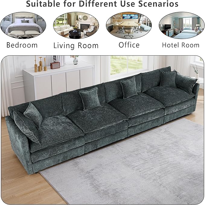 Setawix Chenille Cloud Couches for Living Room,4 Seater Cloud Sofa Couch with Deep Seat,147.22" Roomy Cloud Sofas,Modular Sectional 4 Seat Sofa with Pillows for Bedroom (Grey, 4 Seater)