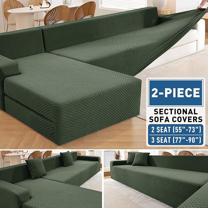 ZNSAYOTX Sectional Couch Covers, Stretch Jacquard Slipcovers with Elastic Bottom for L-Shape Sectional Sofa, 2 Pcs Pet Friendly Modular Sofa Protector (3 Seat Couch + 2 Seat Chaise, Army Green)
