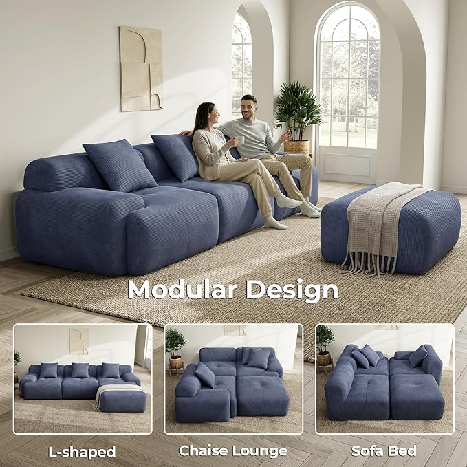 LIKIMIO LumiCord Modular Sectional Sofa with Ottoman, 118" L-Shaped Boneless Couch for Living Room, Oversized Deep Seat with Corduroy Upholstery, No Assembly Required, Navy Blue