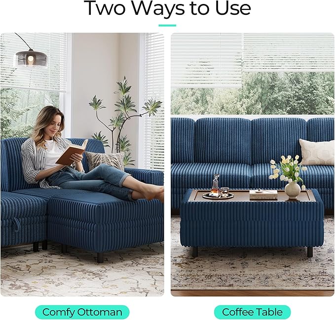 LINSY HOME Sectional Sleeper Sofa - Modular Ottoman Module (Blue, Sleeper Sofa Ottoman) | Storage, Convertible, Coffee Table, Plush Corduroy