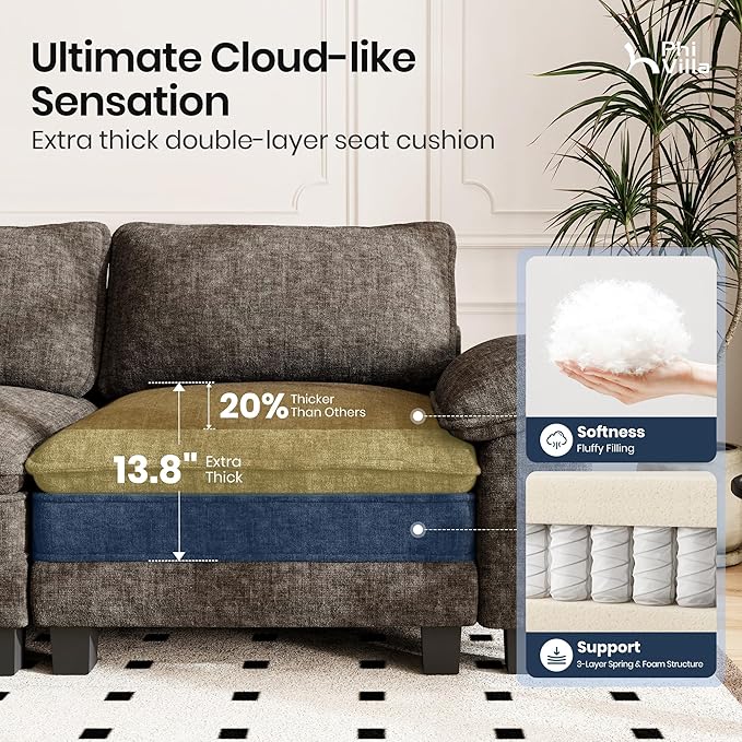 PHI VILLA Cloud Modular Couch Sets, 123.6" Sectional Sofa with U-Shaped Chaise, 5-Seater Couches with 2 Movable Ottomans for Living Room, Chenille Fabric, Smoky Grey