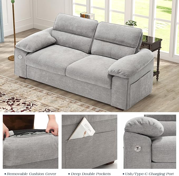 WorthFurni Sofas for Living Room, Chenille Pillow-Armrest Loveseat Couch Set, Small Sofa, 3 Seater Sofa, USB Charging, Removable Sofa Cover, Solid Wood Frame, Easy to Install (71.5 inch, Grey)
