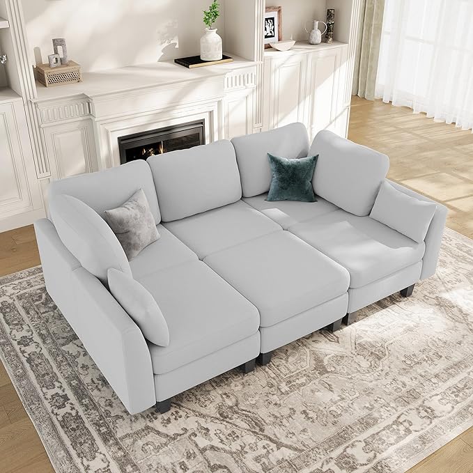 Sectional Sleeper Sofa, 6 Seaters Modular Sleeper Sofa Couch, Comfy Sectionals Couches Bed, Convertible Sofas with Ottomans, Modular Sectional Couches for Living Room, Light Grey