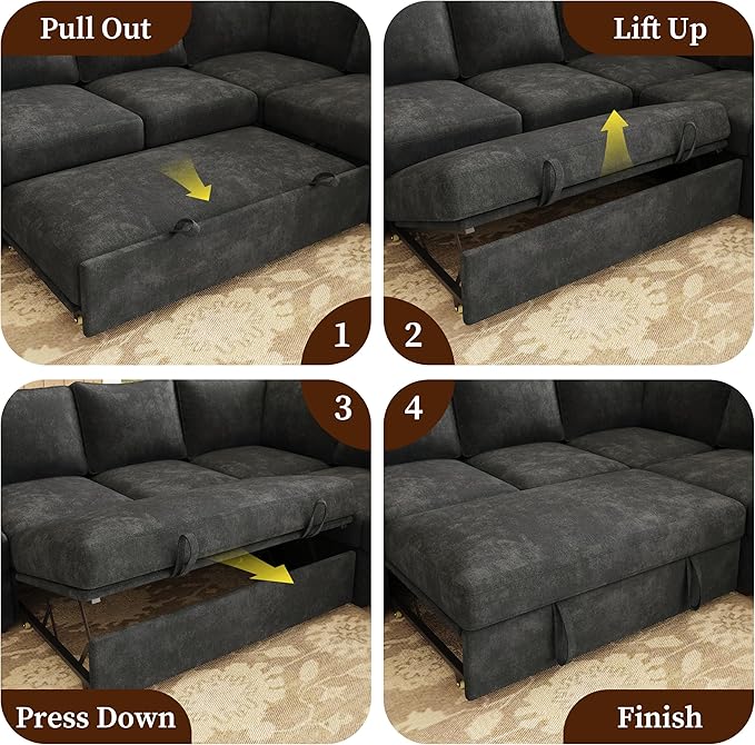 106.7" Sectional Sleeper Sofa with Pull Out Couch, Modern 7 Seat U Shaped Modular Couch, Sectionals Modular Sofa with Storage, Comfy Sectional Couches for Living Room & Apartment, Dark Gray