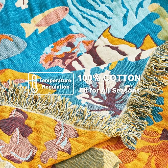 LUTBM Throw Blanket for Bed 100% Cotton Blankets for Bedroom Living Room Spring Twin All Season Underwater Ocean Life Embroidery Reversible Breathable Quilt for Couch Sofa Coastal Home Decor 60"x80"
