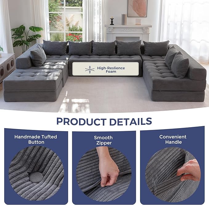MAXYOYO Modular Sectional Sofa Couch, Foldable Oversized U Shaped Cloud Couch with Pillows, Tufted Boneless Sleeper Lounger Floor Sofa Bed for Living Room, No Assembly Required, Dark Grey