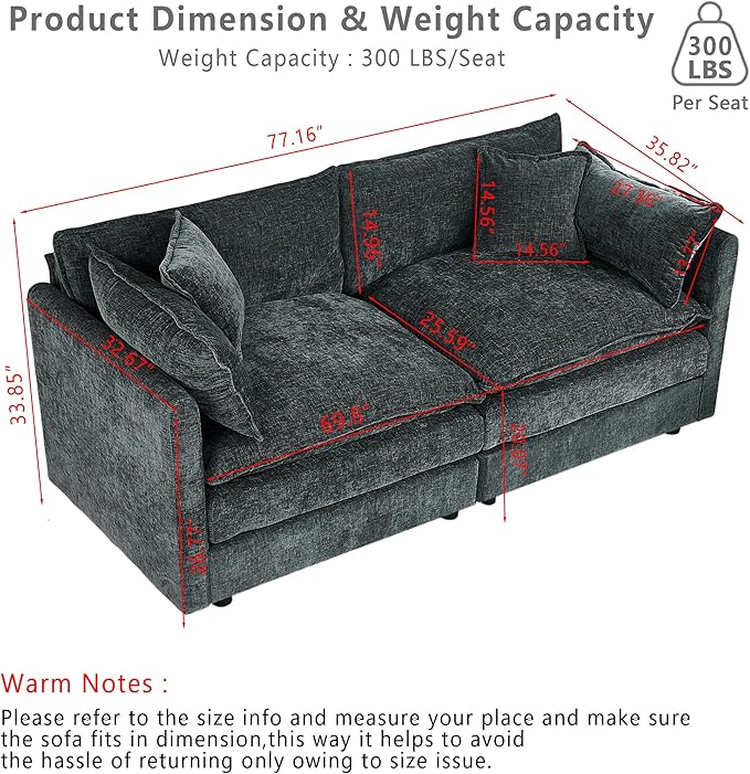 Setawix Chenille Loveseat Sofa Couch with Deep Seat,Large 2 Seater Cloud Couches for Living Room,77.16" Roomy Cloud Sofas,Modular Sectional 2 Seat Sofa with Pillows for Bedroom. (Grey, 2 Seater)