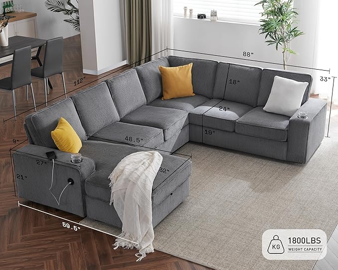 PaPaJet Oversized Sofa, 112 inch U Shaped Sofa with USB Ports, Sectional Couch with Storage Chaise, Corduroy Grey