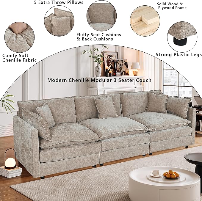 Setawix Chenille Cloud Couches for Living Room,3 Seater Cloud Sofa Couch with Deep Seat,112.2" Roomy Cloud Sofas,Modular Sectional 3 Seat Sofa with Pillows for Bedroom (Coffee, 3 Seater)