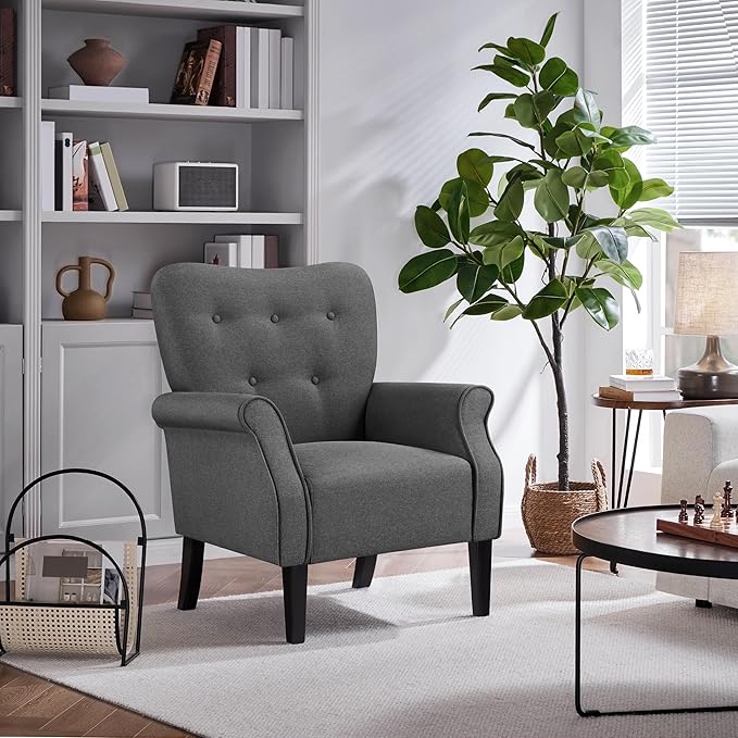 Yaheetech Modern Armchair, Mid Century Accent Chair with Sturdy Wood Legs and High Back for Small Space, Upholstered Fabric Sofa Club Chair for Living Room/Bedroom/Office, Set of 2, Dark Gray