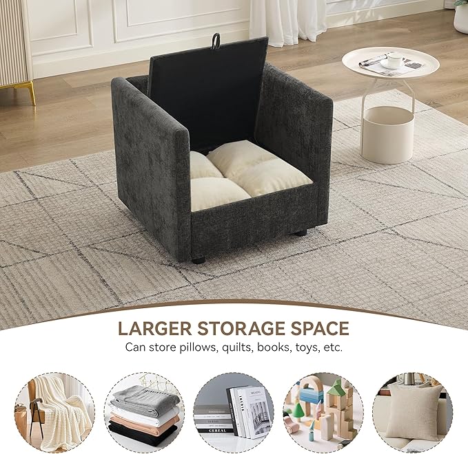 30" Cloud Modular Single Sofa Chair with Storage, Modern Upholstered Accent Chair Deep Seat, Chenille Reading Lounge Armchair for Living Room, Bedroom, Small Space, Dark Grey | Single Sofa, Accent Chair, Reading Lounge, Armchair, Chenille Sofa