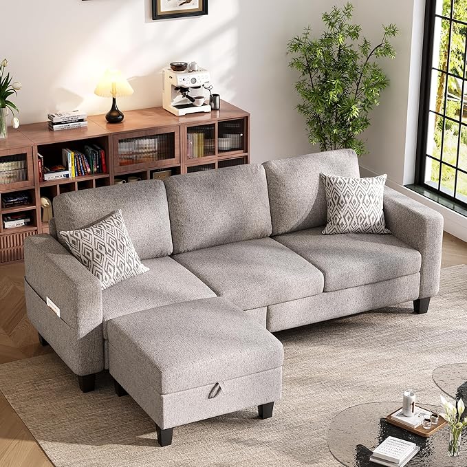 Sectional Sofa and Couches for Living Room, 78'' Brown 3 Seat L-Shaped Couch with Movable Ottoman, Comfy Linen Convertible Sectionals Sofas with Chaise for Apartment, Dorm, Small Space