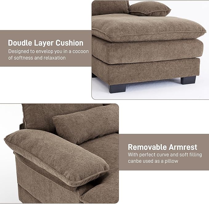 113" Cloud Couch Sectional Modular Sofa U Shaped Sectional Couches for Living Room Comfy 5-Seater Deep Seat Couch Chenille Cloud Sectional Sofa with Movable Ottoman & 4 Pillows, Brown